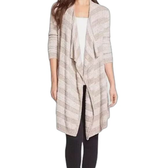 Barefoot Dreams Bamboo Chic Lite Tan Striped Knit Calypso Wrap Cardigan Sz S/M - Picture 1 of 5